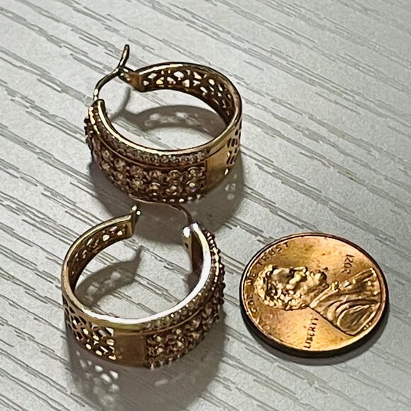 Sparkling Rose Gold Tone Wide Hoop Earrings with Crystal Pave Detailing - Picture 4 of 8